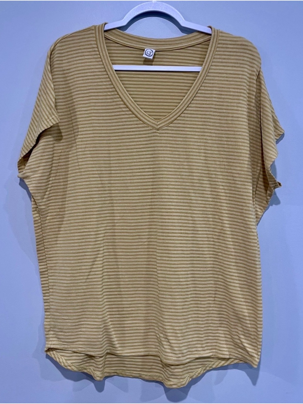 CY Fashion Women’s Large Yellow Mustard Stripe V-Neck Dolman Sleeve Top